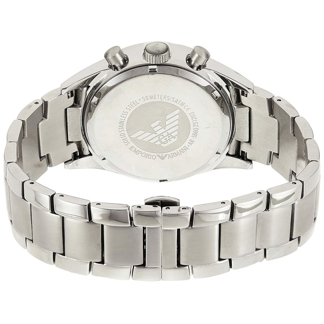 Caseback view of Emporio Armani AR5860 Retro men’s watch with stainless steel silver strap