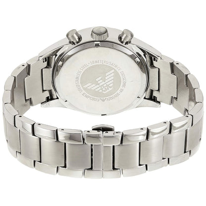Caseback view of Emporio Armani AR5860 Retro men’s watch with stainless steel silver strap