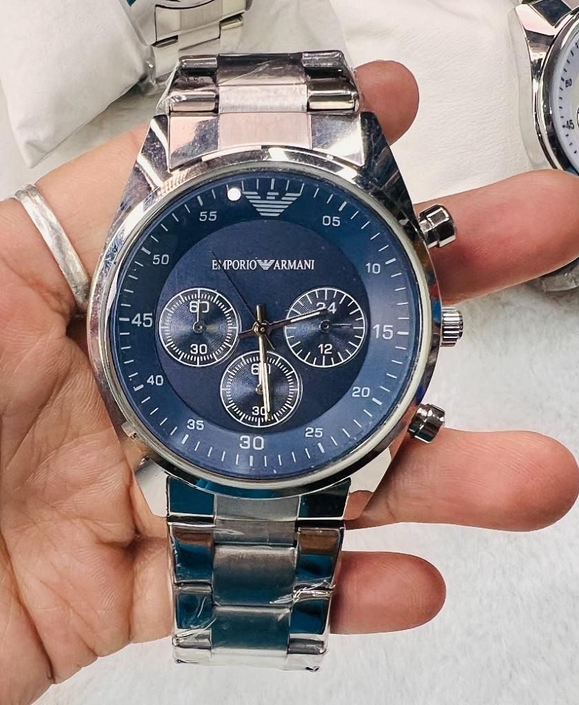 Emporio Armani AR5860 Retro men’s watch with stainless steel silver strap, blue dial, and silver case