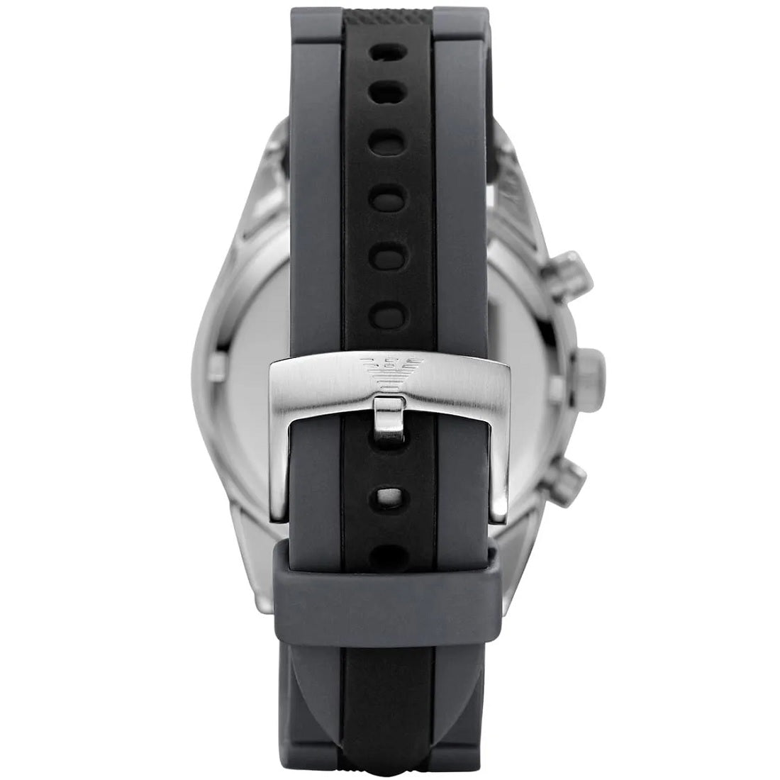 Back view of Emporio Armani AR5866 showing the black and grey silicone strap and silver case