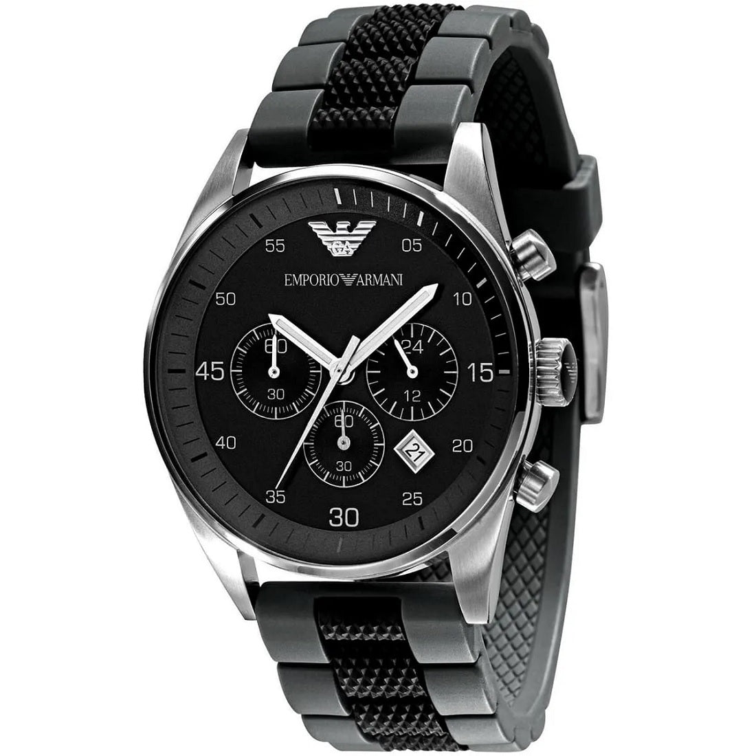 Close-up of the black dial and silver case on Emporio Armani AR5866 Sportivo men’s watch