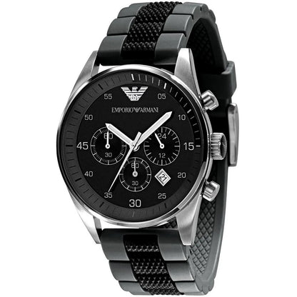 Close-up of the black dial and silver case on Emporio Armani AR5866 Sportivo men’s watch