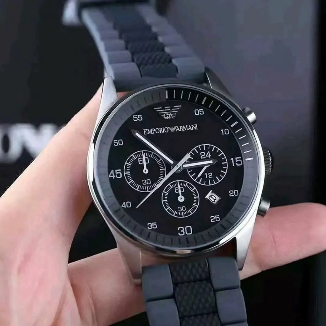 Emporio Armani AR5866 Sportivo men’s watch with black and grey silicone strap, black dial, and silver case