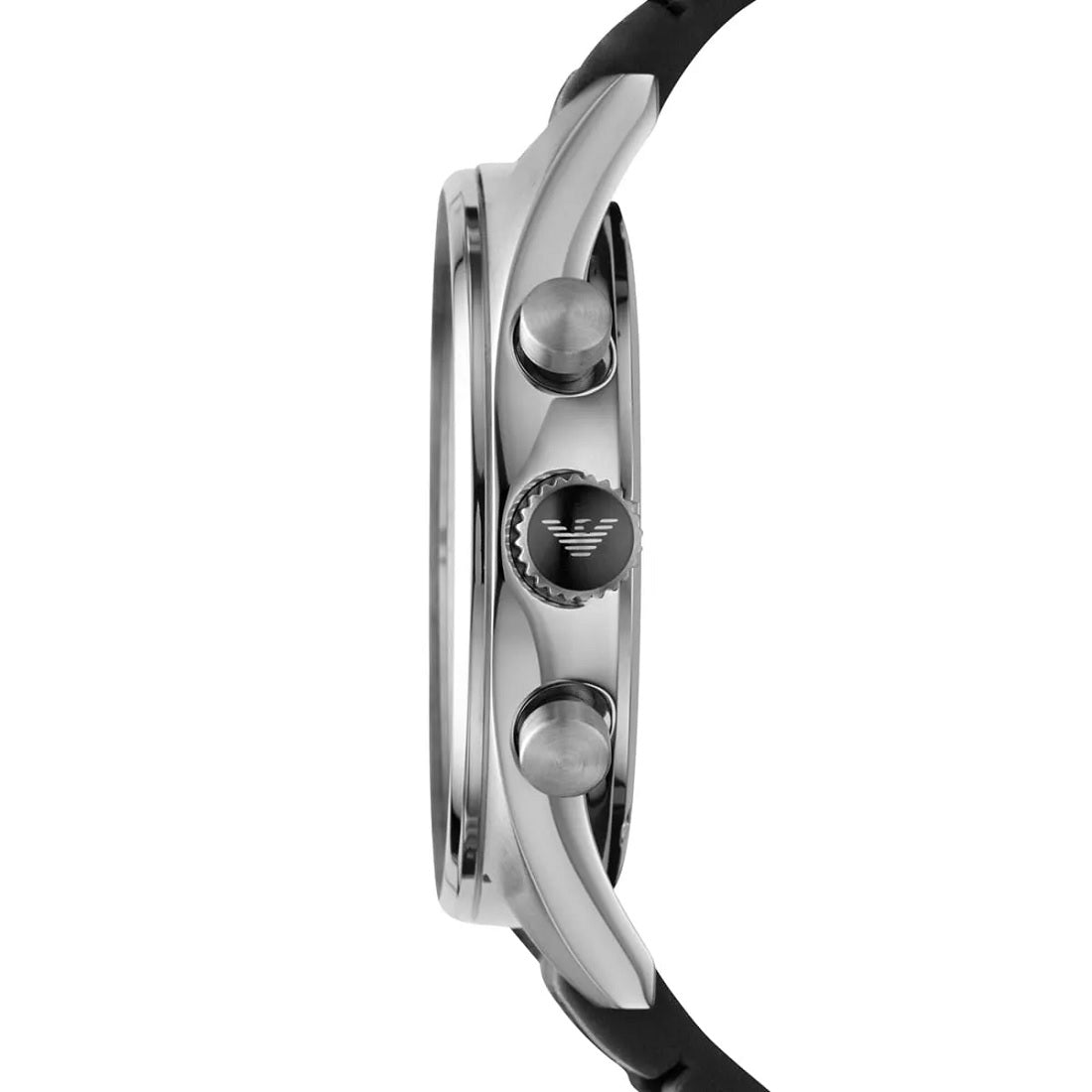 Side profile of Emporio Armani AR5866 showing the black and grey silicone strap and silver case