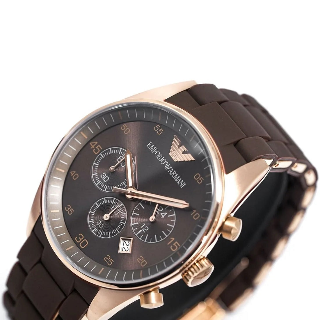 Angled shot of Emporio Armani AR5890 showcasing brown silicone strap and rose gold case
