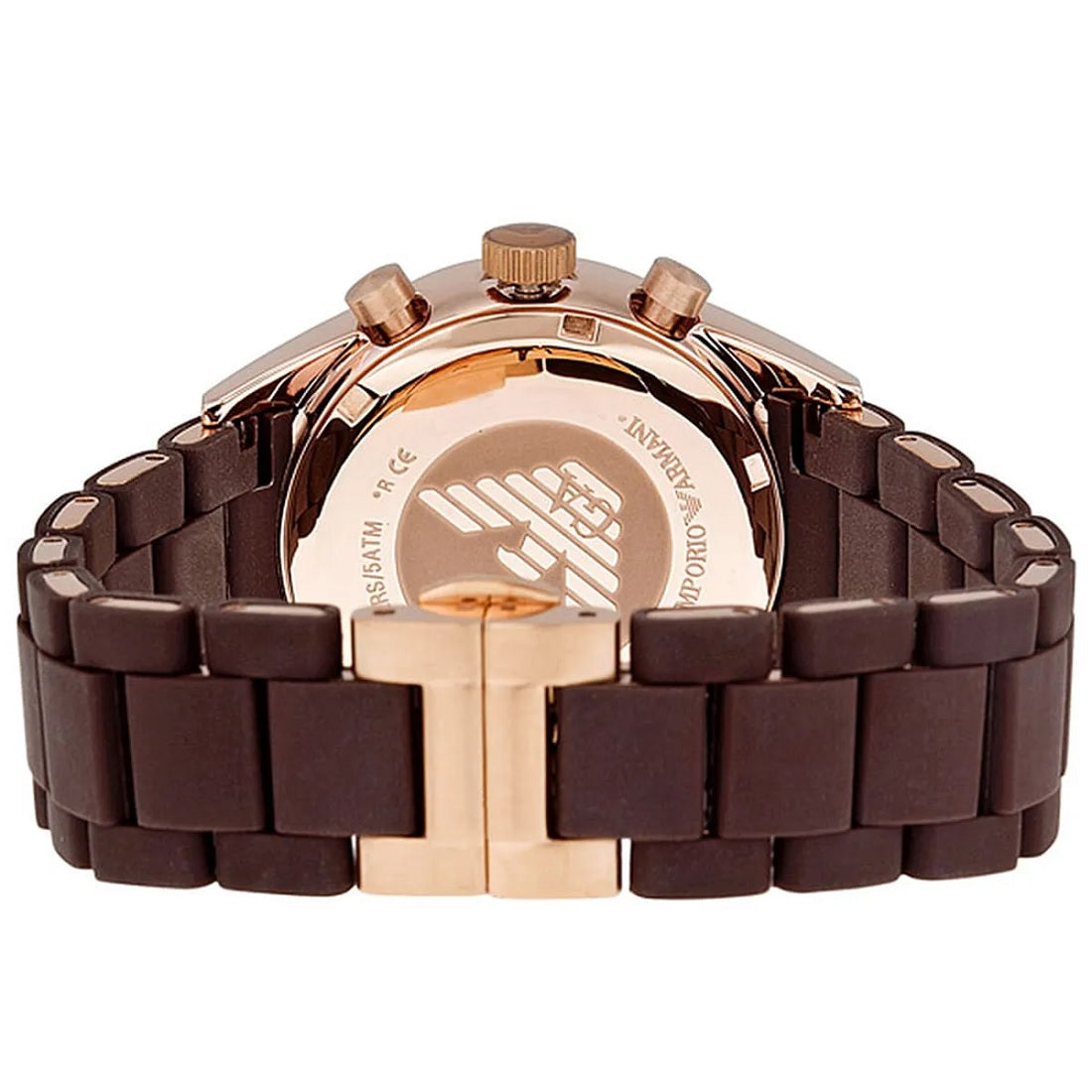 Back view of Emporio Armani AR5890 showing the brown silicone strap and rose gold case