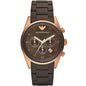 Front view of Emporio Armani AR5890 Sportivo men’s watch with brown silicone strap and rose gold case
