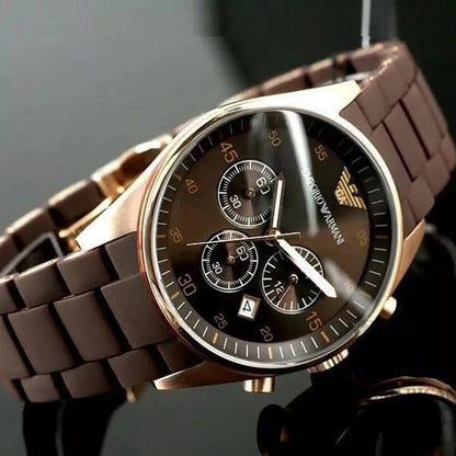 Emporio Armani AR5890 Sportivo men’s watch with brown silicone strap, brown dial, and rose gold case