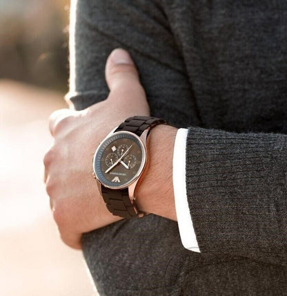 Emporio Armani AR5890 worn on wrist with brown silicone strap and rose gold case