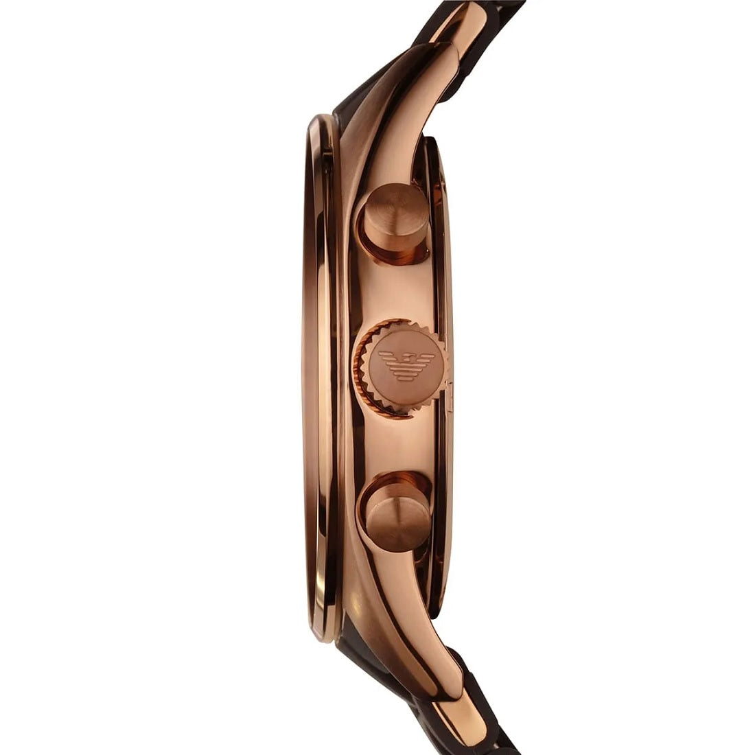 Side profile of Emporio Armani AR5890 showing the brown silicone strap and rose gold case