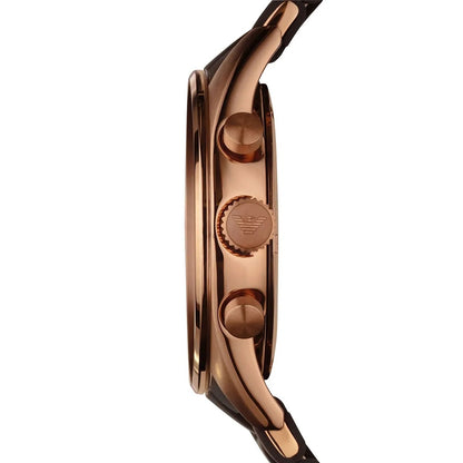 Side profile of Emporio Armani AR5890 showing the brown silicone strap and rose gold case