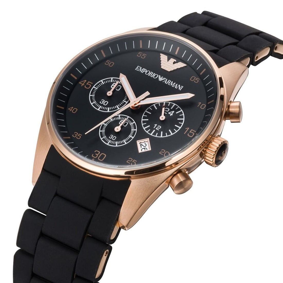 Angled shot of Emporio Armani AR5905 showcasing black silicone strap and rose gold case