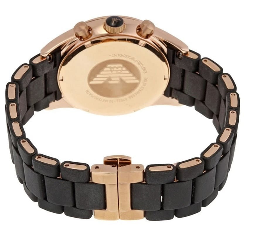 Caseback view of Emporio Armani AR5905 Sportivo men’s watch with black silicone strap