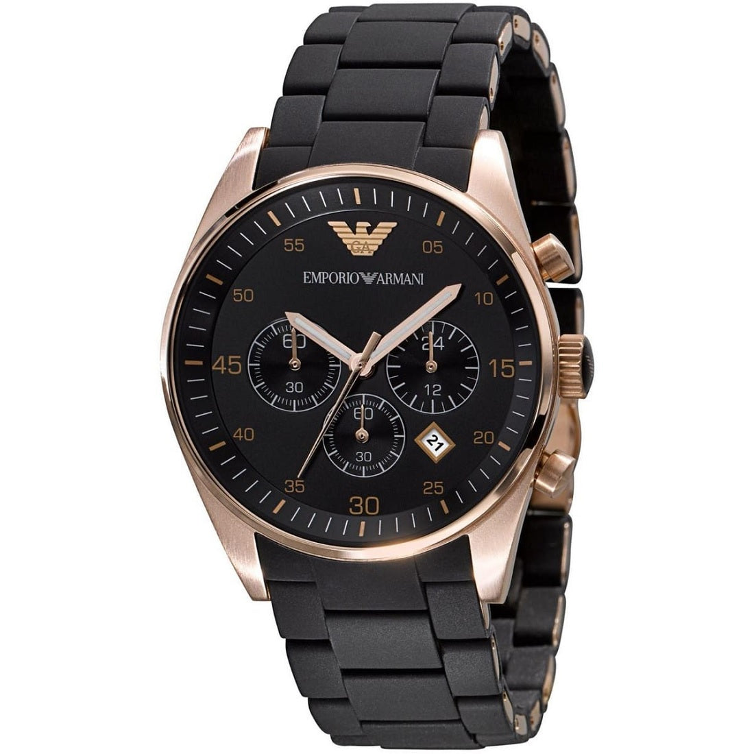 Close-up of the black dial and rose gold case on Emporio Armani AR5905 Sportivo men’s watch