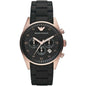 Front view of Emporio Armani AR5905 Sportivo men’s watch with black silicone strap and rose gold case