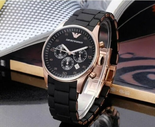 Emporio Armani AR5905 Sportivo men’s watch with black silicone strap, black dial, and rose gold case