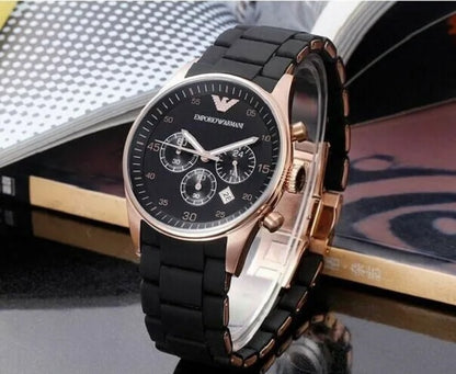 Emporio Armani AR5905 Sportivo men’s watch with black silicone strap, black dial, and rose gold case