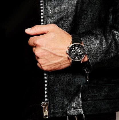 Emporio Armani AR5905 worn on wrist with black silicone strap and rose gold case