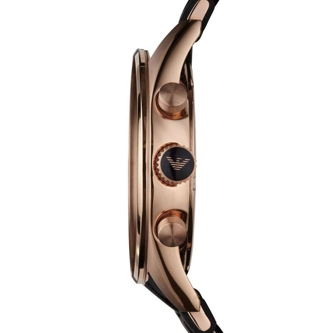 Side profile of Emporio Armani AR5905 showing the black silicone strap and rose gold case