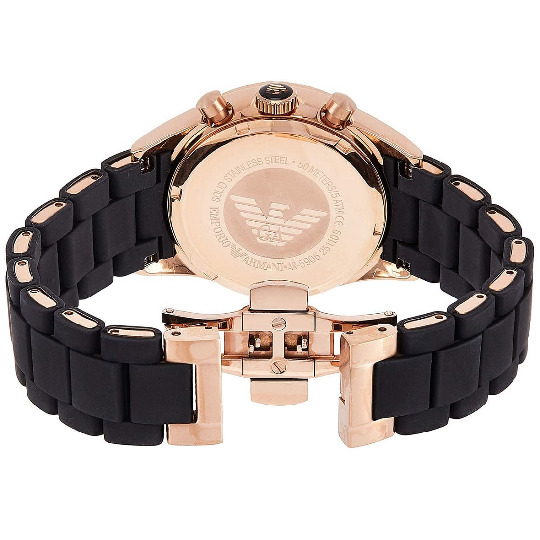 Caseback view of Emporio Armani AR5906 Sportivo women’s watch with opened black silicone strap