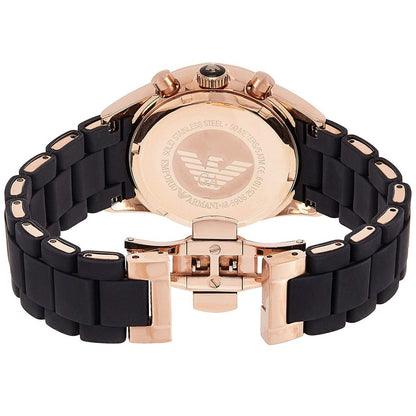 Caseback view of Emporio Armani AR5906 Sportivo women’s watch with opened black silicone strap