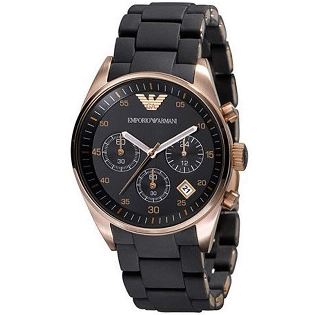 Close-up of the black dial and rose gold case on Emporio Armani AR5906 Sportivo women’s watch