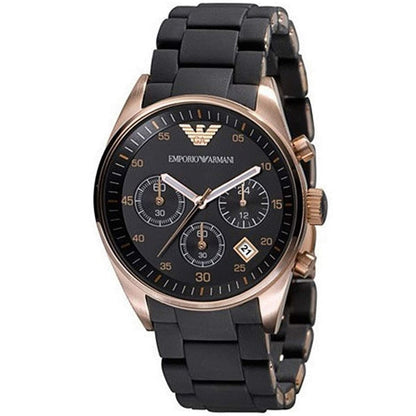 Close-up of the black dial and rose gold case on Emporio Armani AR5906 Sportivo women’s watch