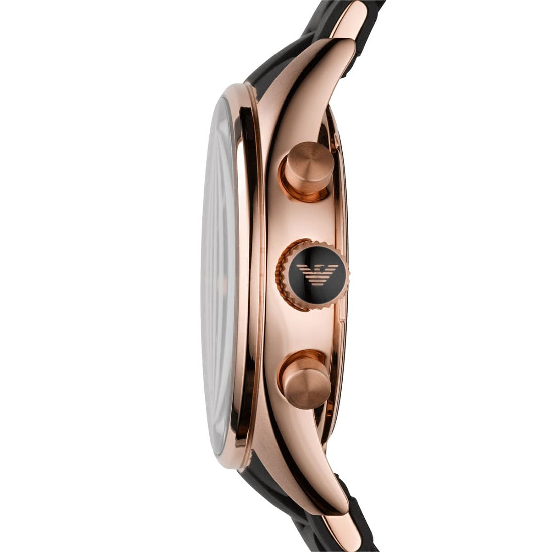 Side profile of Emporio Armani AR5906 showing the black silicone strap and rose gold case