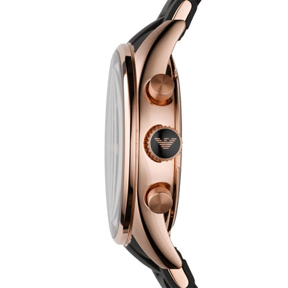 Side profile of Emporio Armani AR5906 showing the black silicone strap and rose gold case