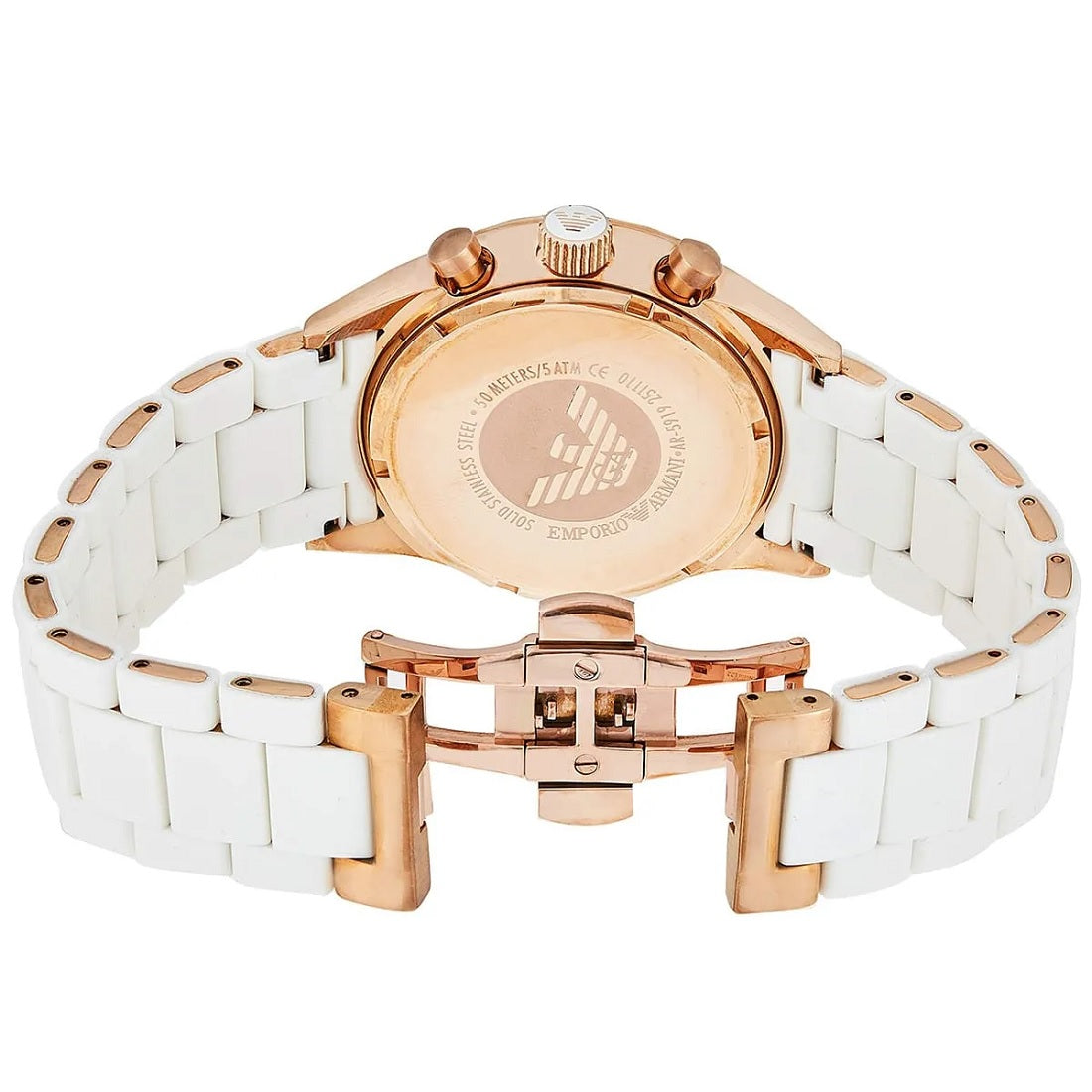Caseback view of Emporio Armani AR5919 Sportivo men’s watch with opened white silicone strap
