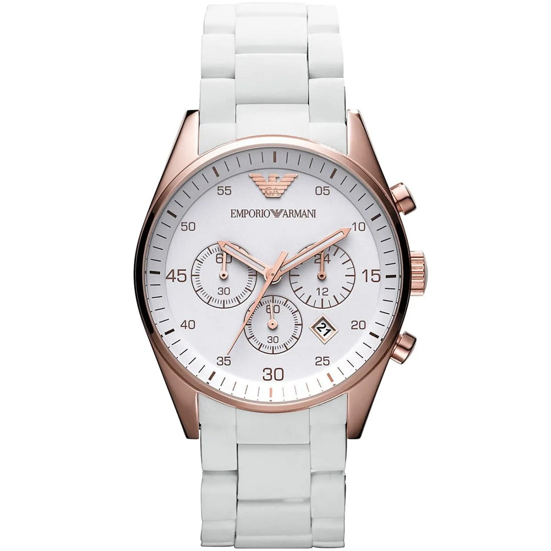 Close-up of the white dial and gold case on Emporio Armani AR5919 Sportivo men’s watch
