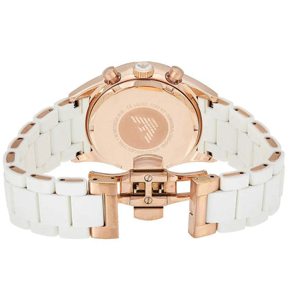 Caseback view of Emporio Armani AR5920 Sportivo women’s watch with white silicone strap opened