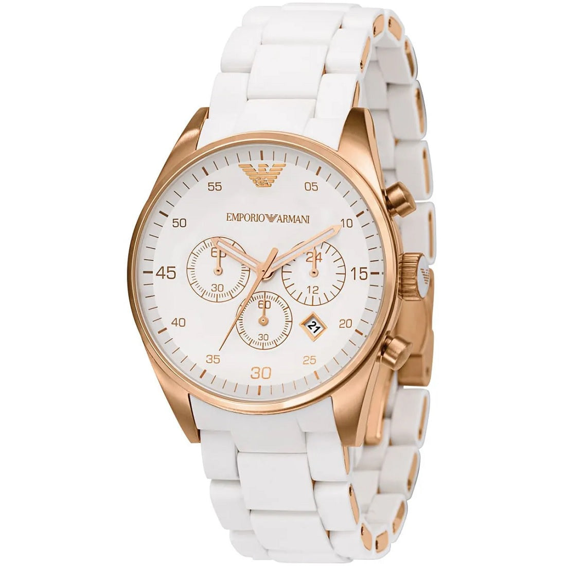 Close-up of the white dial and rose gold case on Emporio Armani AR5920 Sportivo women’s watch