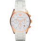 Front view of Emporio Armani AR5920 Sportivo women’s watch with white silicone strap and rose gold case