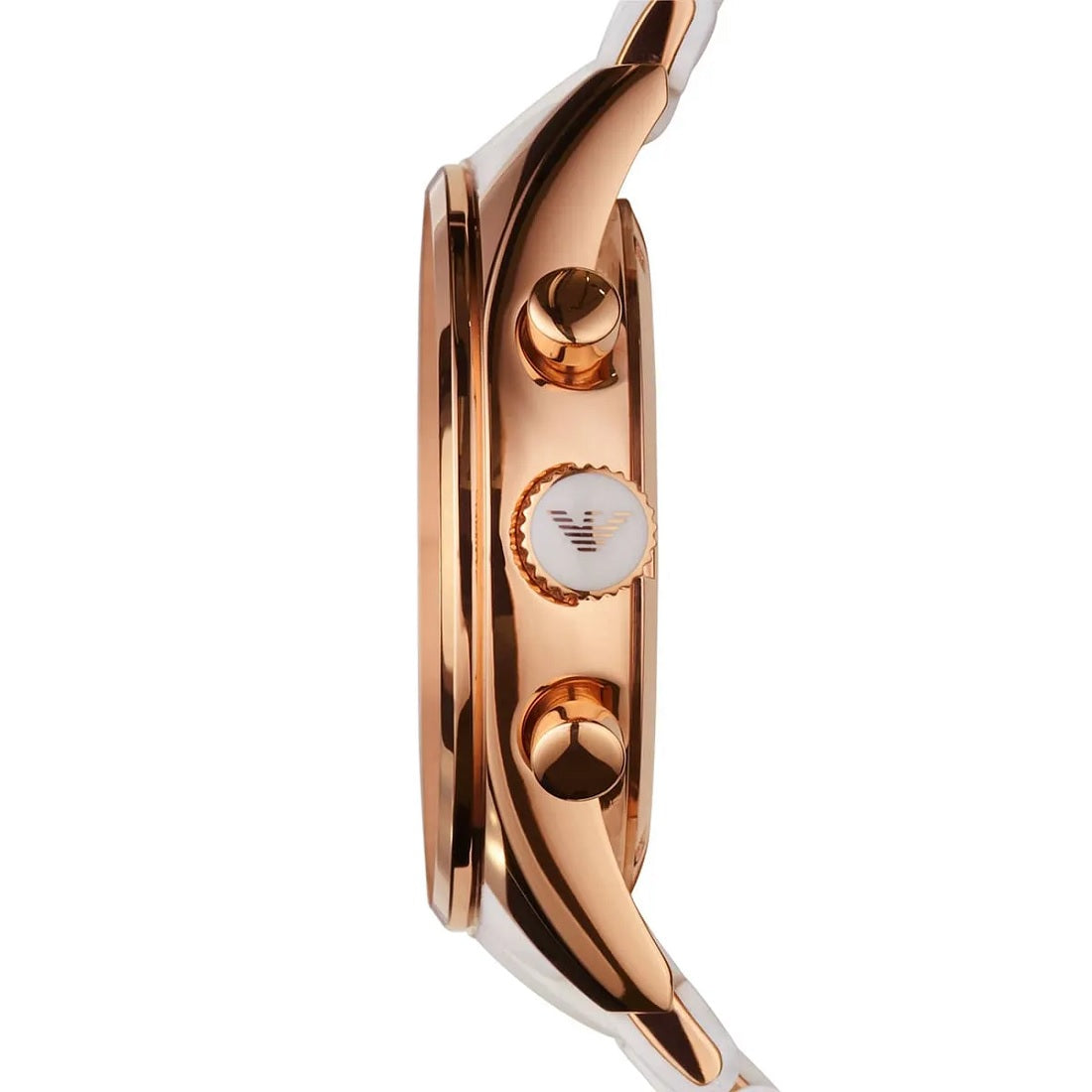 Side profile of Emporio Armani AR5920 showing the white silicone strap and rose gold case