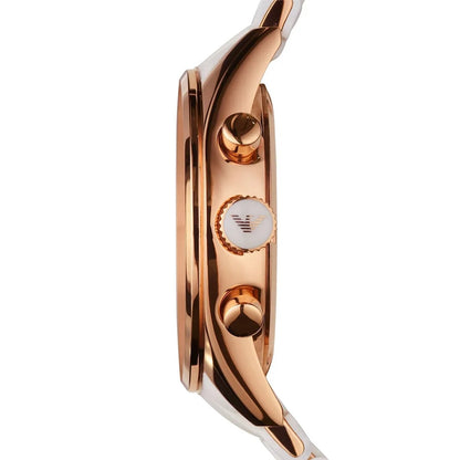 Side profile of Emporio Armani AR5920 showing the white silicone strap and rose gold case