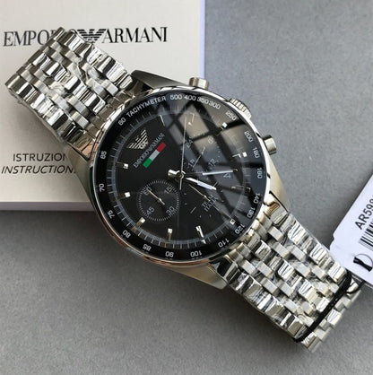 Angled shot of Emporio Armani AR5983 showcasing black dial and stainless steel silver strap