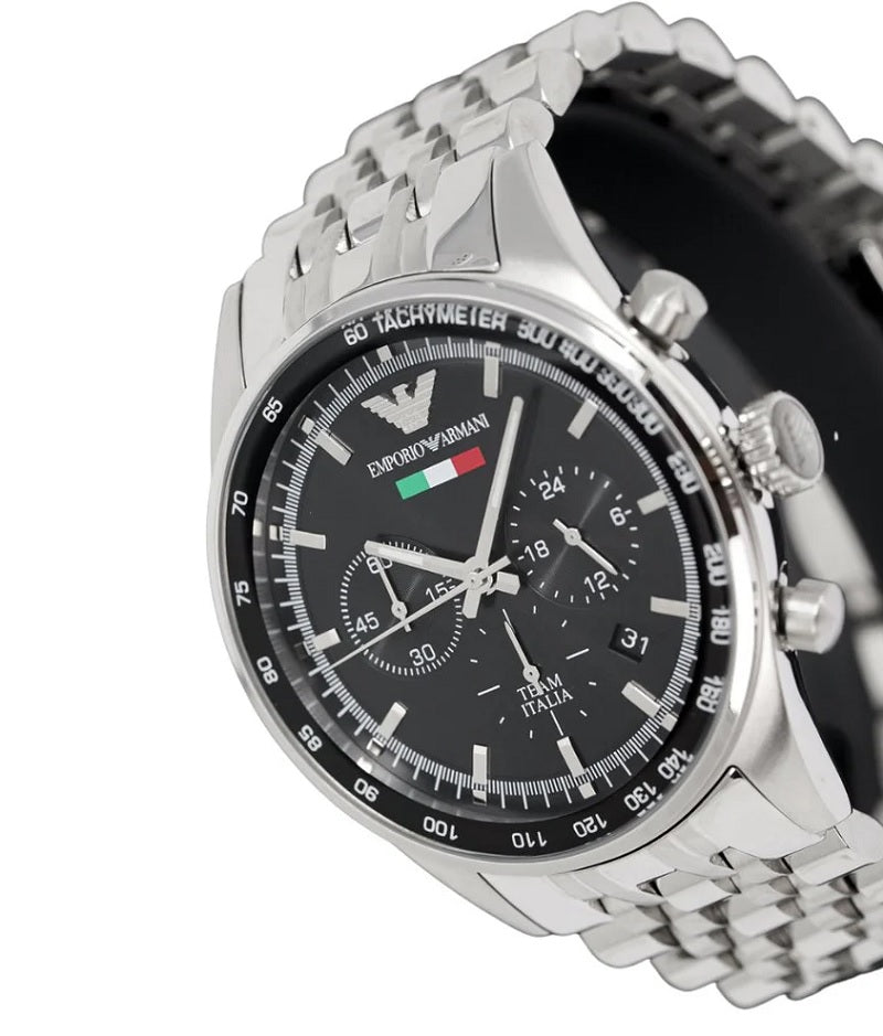 Close-up of the black dial on Emporio Armani AR5983 Tazio men’s watch with stainless steel silver strap
