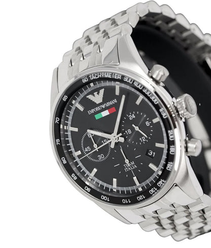 Close-up of the black dial on Emporio Armani AR5983 Tazio men’s watch with stainless steel silver strap