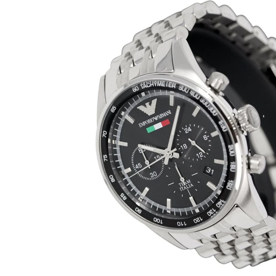 Close-up of the black dial on Emporio Armani AR5983 Tazio men’s watch with stainless steel silver strap