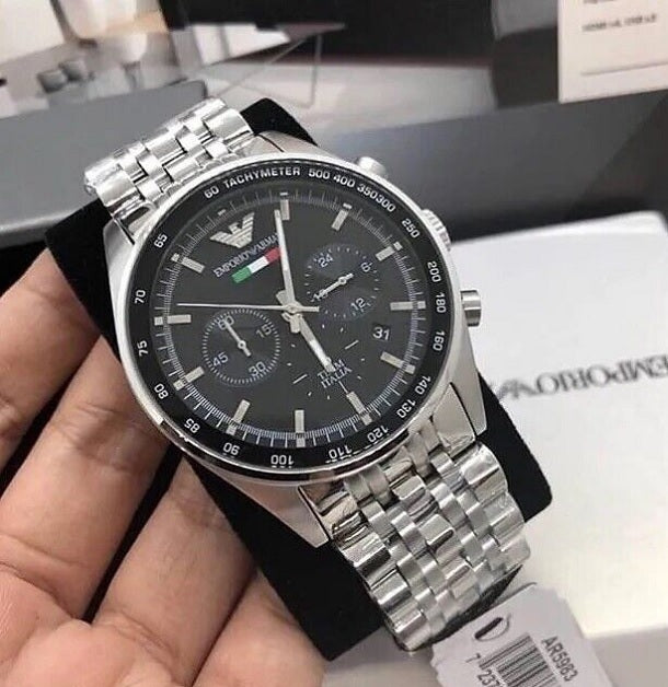 Emporio Armani AR5983 Tazio men’s watch with stainless steel silver strap and black dial in hands