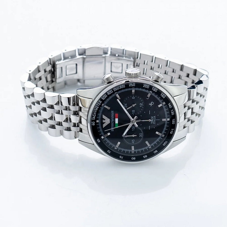 Emporio Armani AR5983 Tazio men’s watch with stainless steel silver strap and black dial
