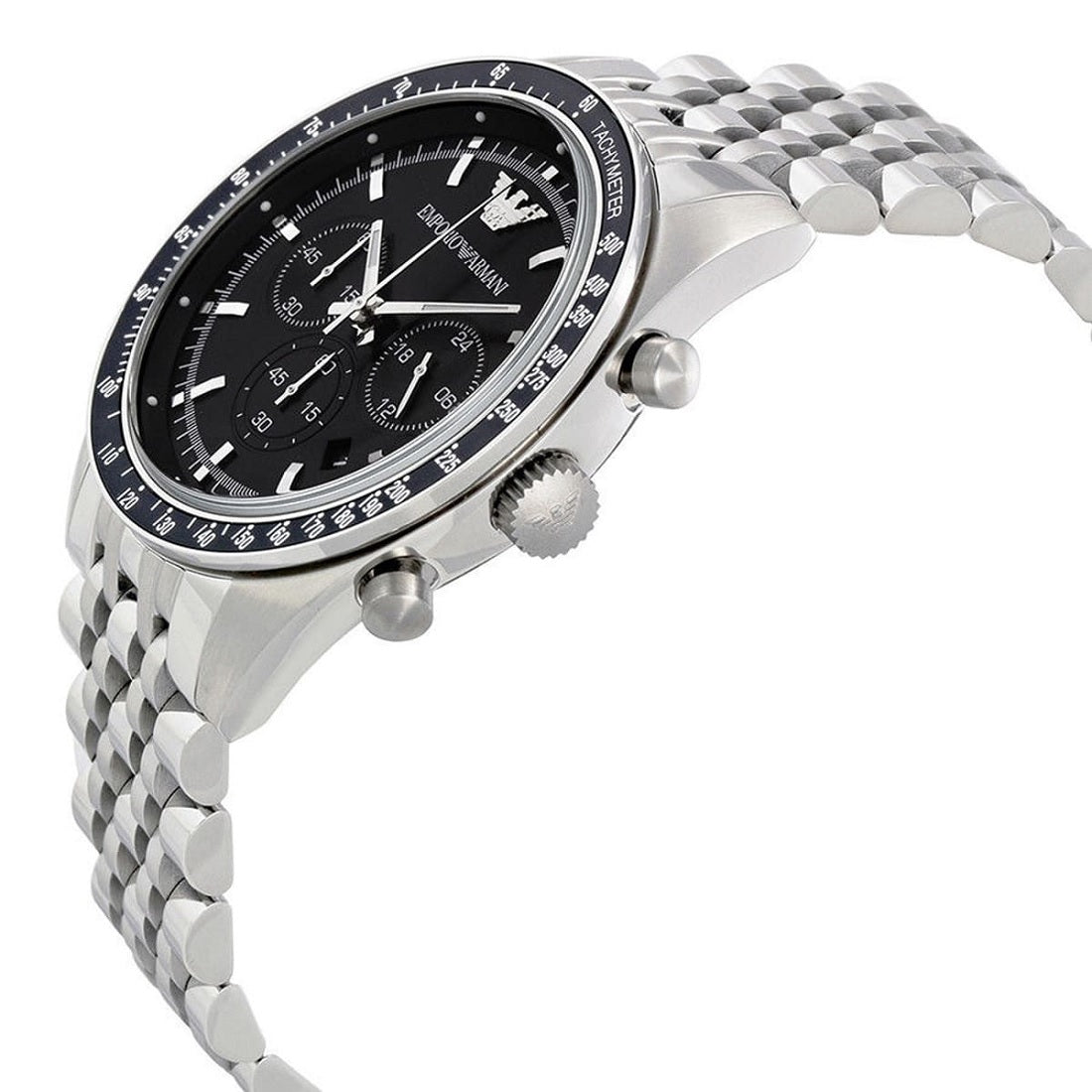Angled shot of Emporio Armani AR5988 showcasing black dial and stainless steel silver strap