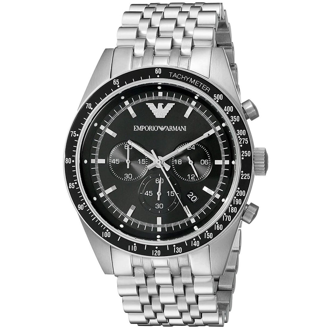 Close-up of the black dial on Emporio Armani AR5988 Sportivo men’s watch with stainless steel silver strap