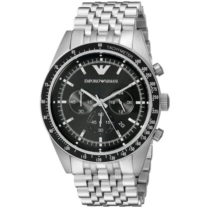 Close-up of the black dial on Emporio Armani AR5988 Sportivo men’s watch with stainless steel silver strap