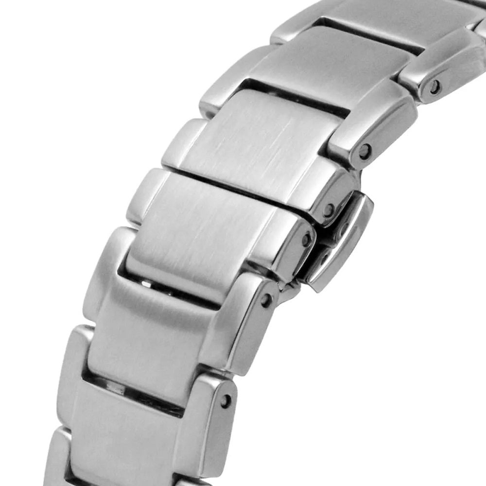 Close-up of the brushed and polished silver-tone stainless steel bracelet for the Emporio Armani AR60053 watch.