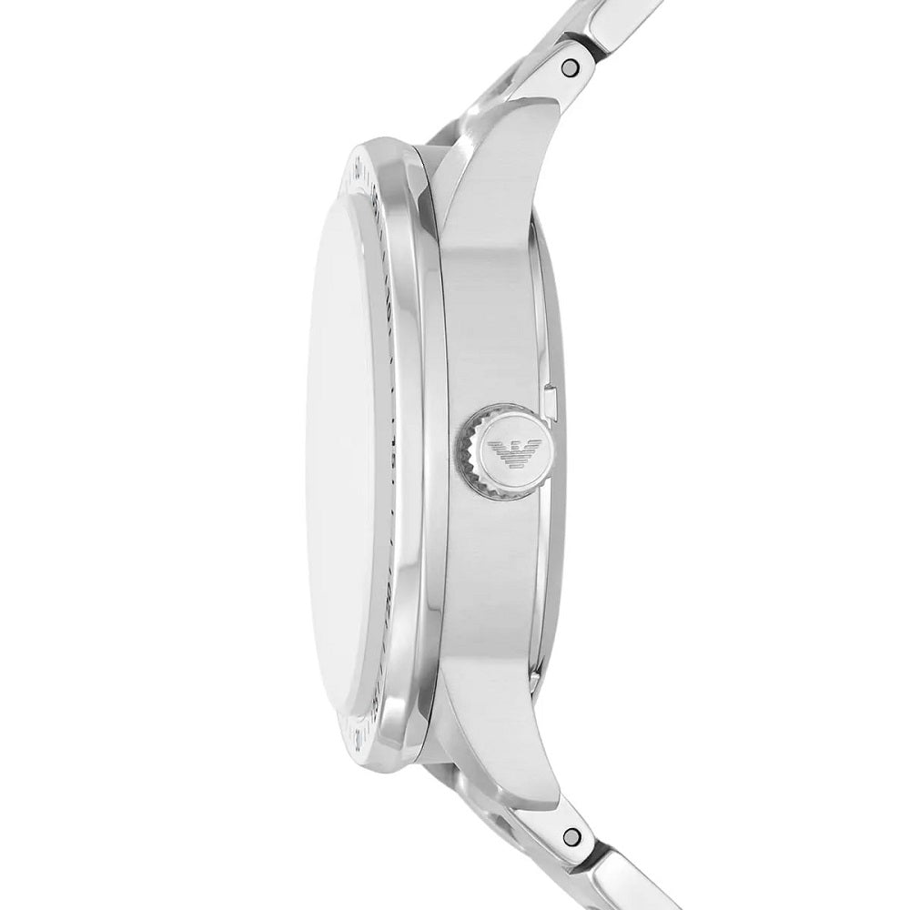 Lateral profile view of the Emporio Armani Meccanico AR60053 showing the sleek case thickness and curved lugs for ergonomic fit.