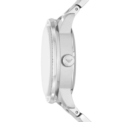 Lateral profile view of the Emporio Armani Meccanico AR60053 showing the sleek case thickness and curved lugs for ergonomic fit.