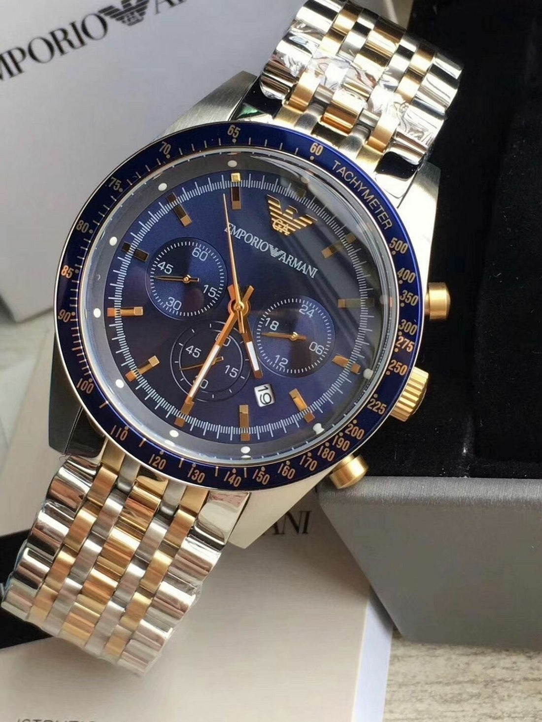 Emporio Armani AR6088 Tazio men’s watch with stainless steel silver and gold-tone strap and navy blue dial