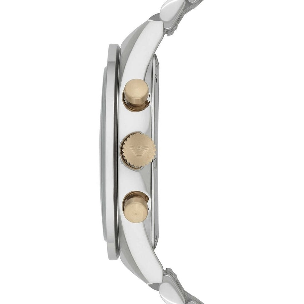 Side profile of Emporio Armani AR6088 showing the two-tone silver and gold-tone strap and navy blue dial